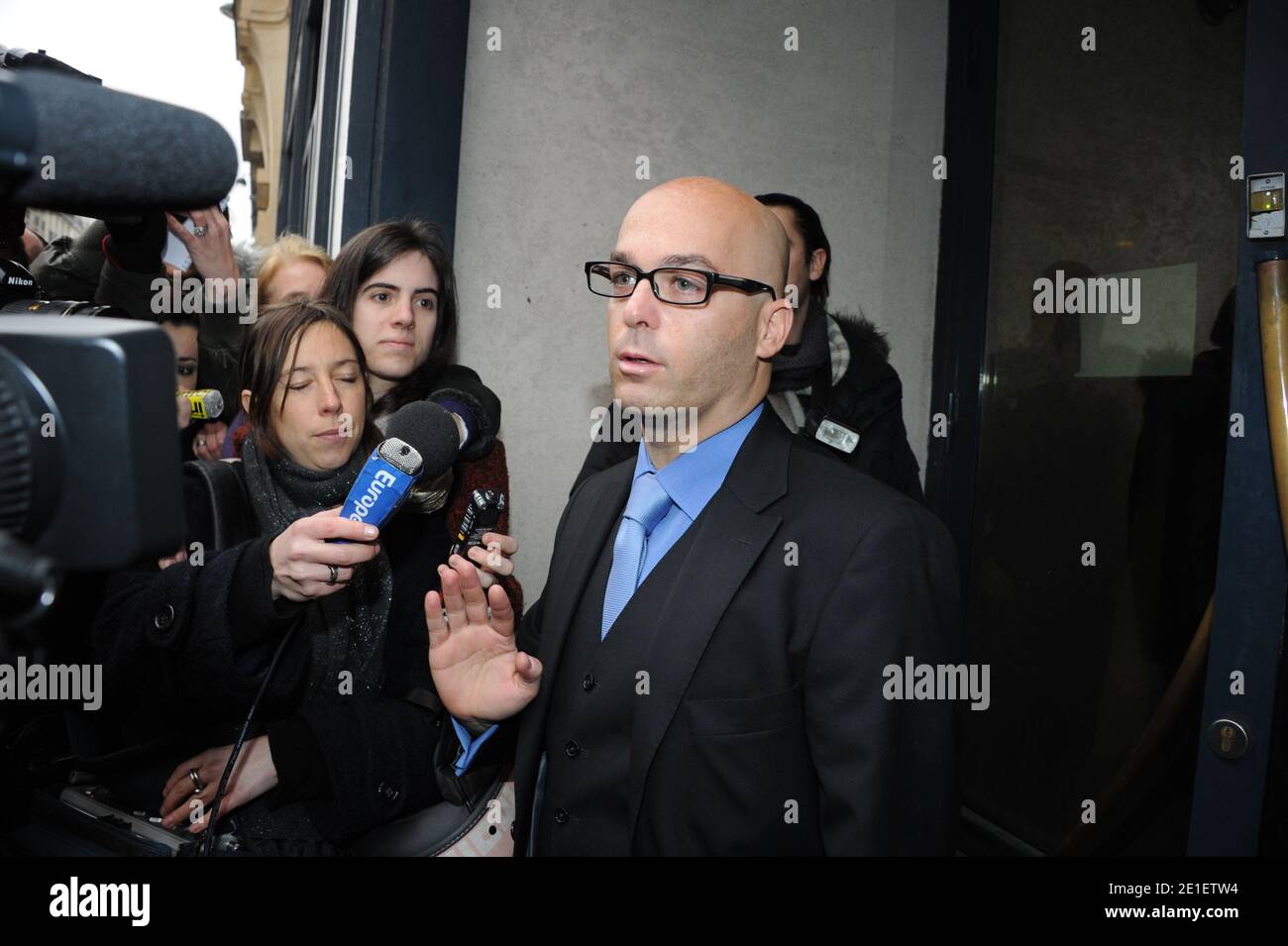 John Galliano's lawyer Stephane Zerbib speaks to the press in front of the 3rd arrondissement precinct as British designer John Galliano should be confronted with a couple accusing him of anti-Semitic comments in Paris, France on February, 28, 2011. John Galliano, the chief designer at Christian Dior since 1996, has been suspended from his duties at the fashion house after he was arrested for allegedly assaulting a woman and making anti-Semitic remarks at an outdoor Paris cafe 'La Perle'. Photo by ABACAPRESS.COM Stock Photo