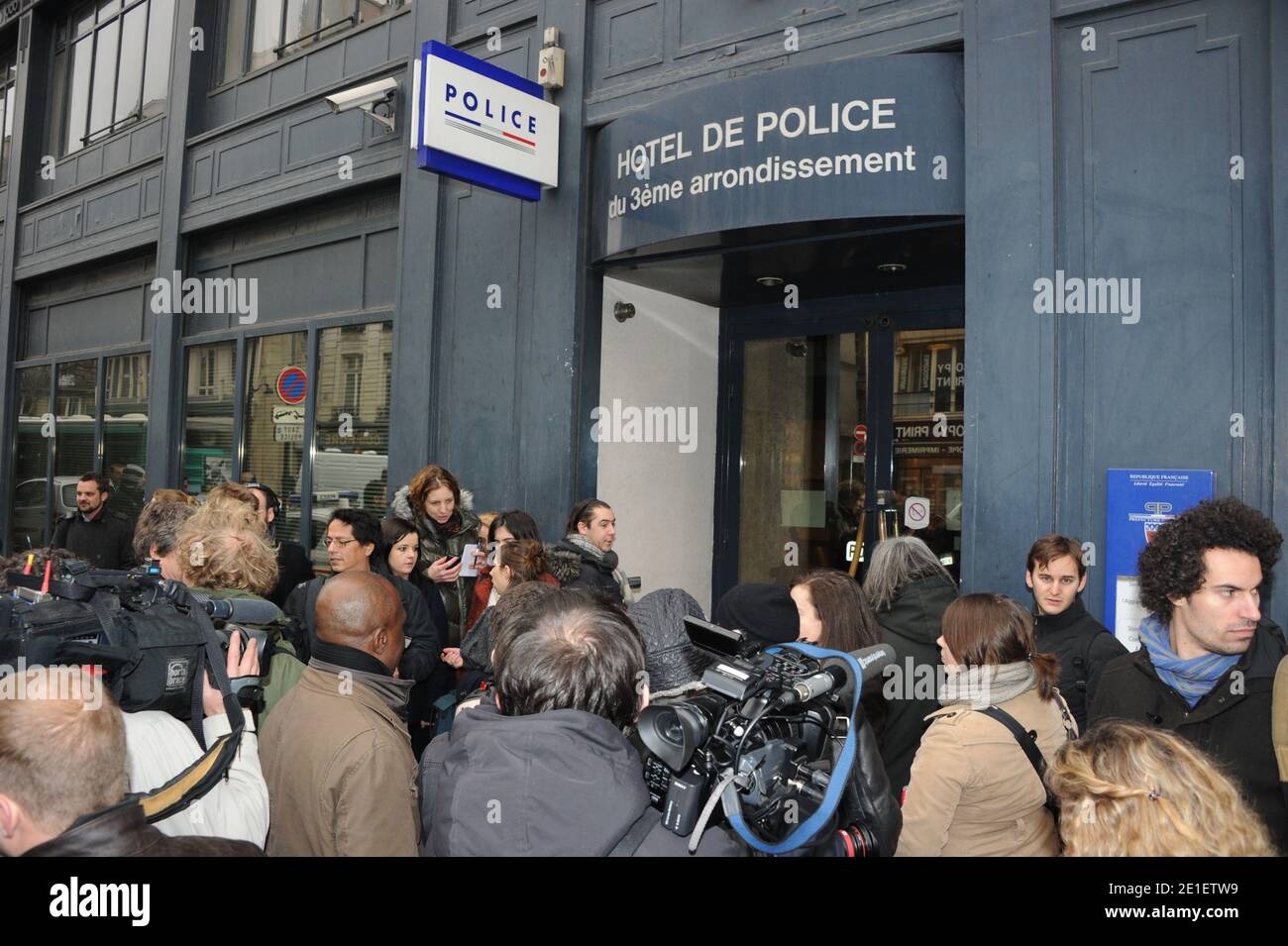 Atmosphere in front the 3rd arrondissement precinct where British designer John Galliano should be confronted with a couple accusing him of anti-Semitic comments in Paris, France on February, 28, 2011. John Galliano, the chief designer at Christian Dior since 1996, has been suspended from his duties at the fashion house after he was arrested for allegedly assaulting a woman and making anti-Semitic remarks at an outdoor Paris cafe 'La Perle'. Photo by ABACAPRESS.COM Stock Photo