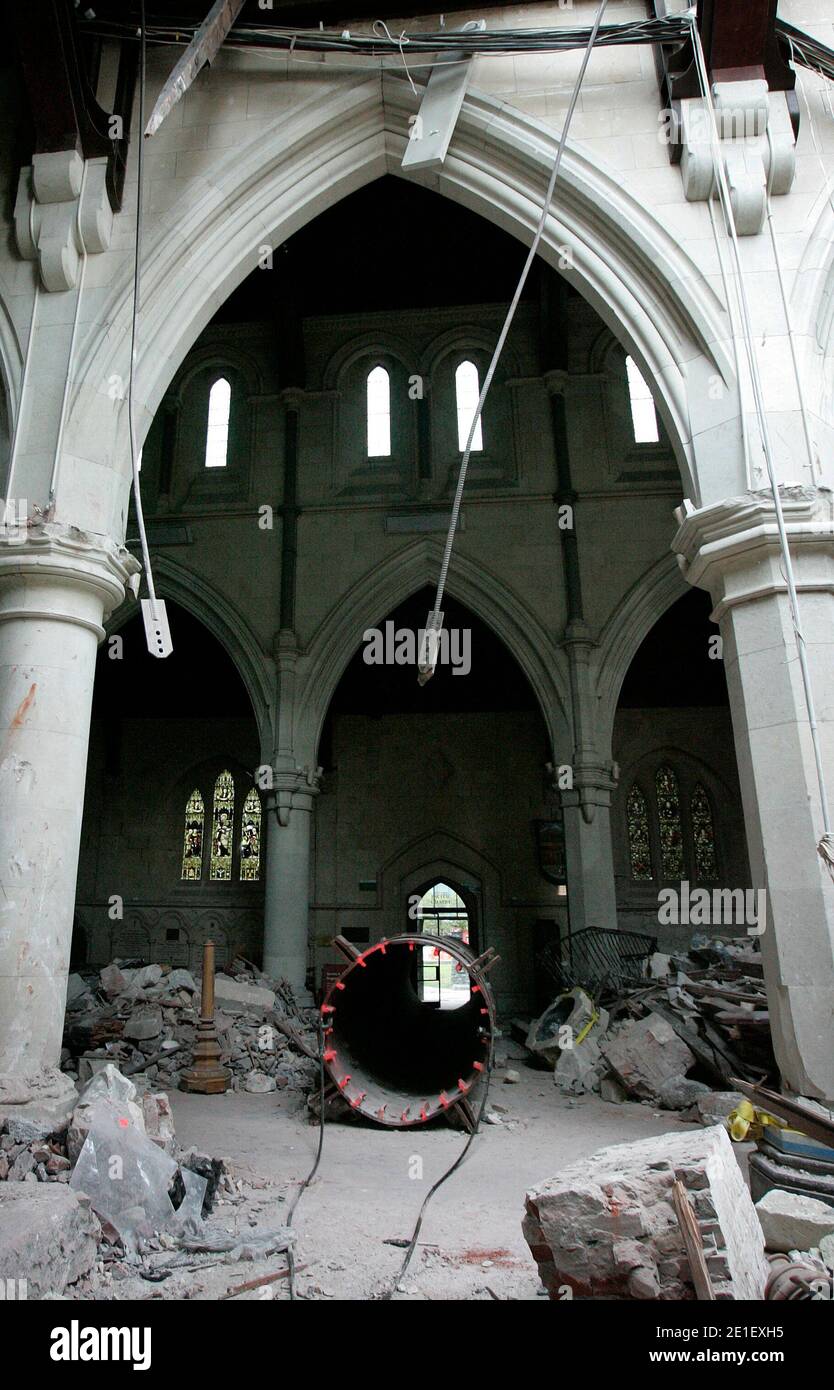 Inside the main room in the Christchurch Cathedral this evening. The large steel pipe acts as a safe haven for the searchers inside. The New Zealand Urban Search and Rescue Team took us into the building with them. Christchurch was hit by a magnitude 6.3 earthquake on Tuesday the 22nd February, causing major damage to the central city and surrounding suburbs. Photo by Sarah Ivey/NZHerald/ABACAPRESS.COM Stock Photo