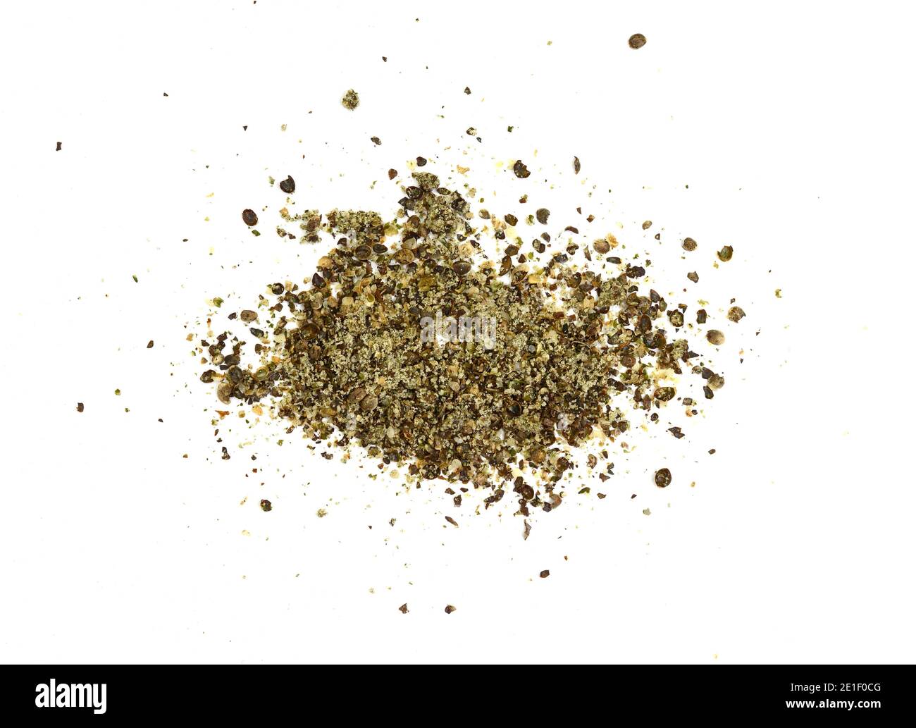 Ground hemp seed isolated on white background. Hemp seeds, a plant