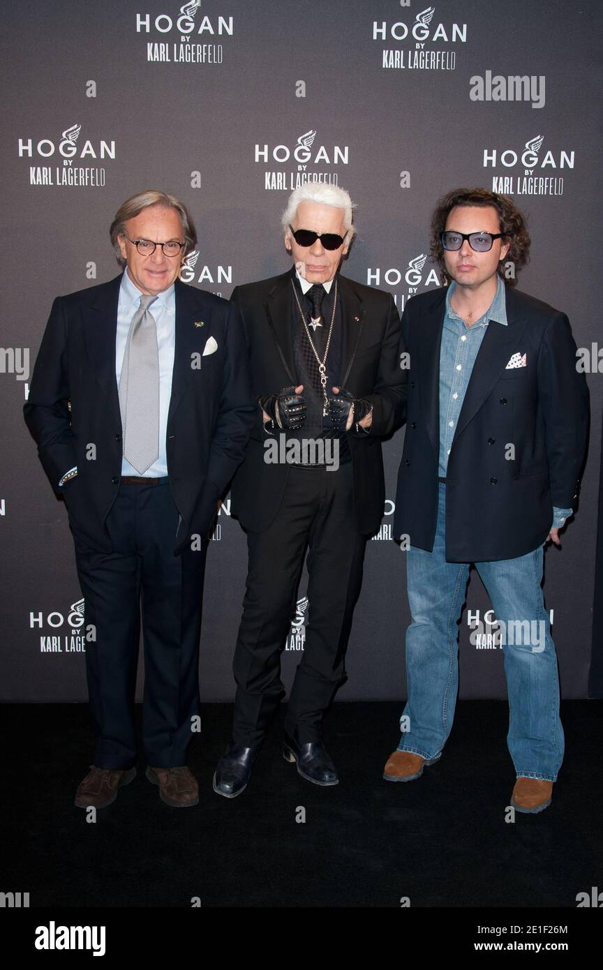 Karl Lagerfeld, Diego Della Valle and Emanuele Della Valle attends the  Hogan by Karl Lagerfeld cocktail party held at the Salomon de Rothschild  hotel during the Paris Fashion Week Fall/Winter 2012 on
