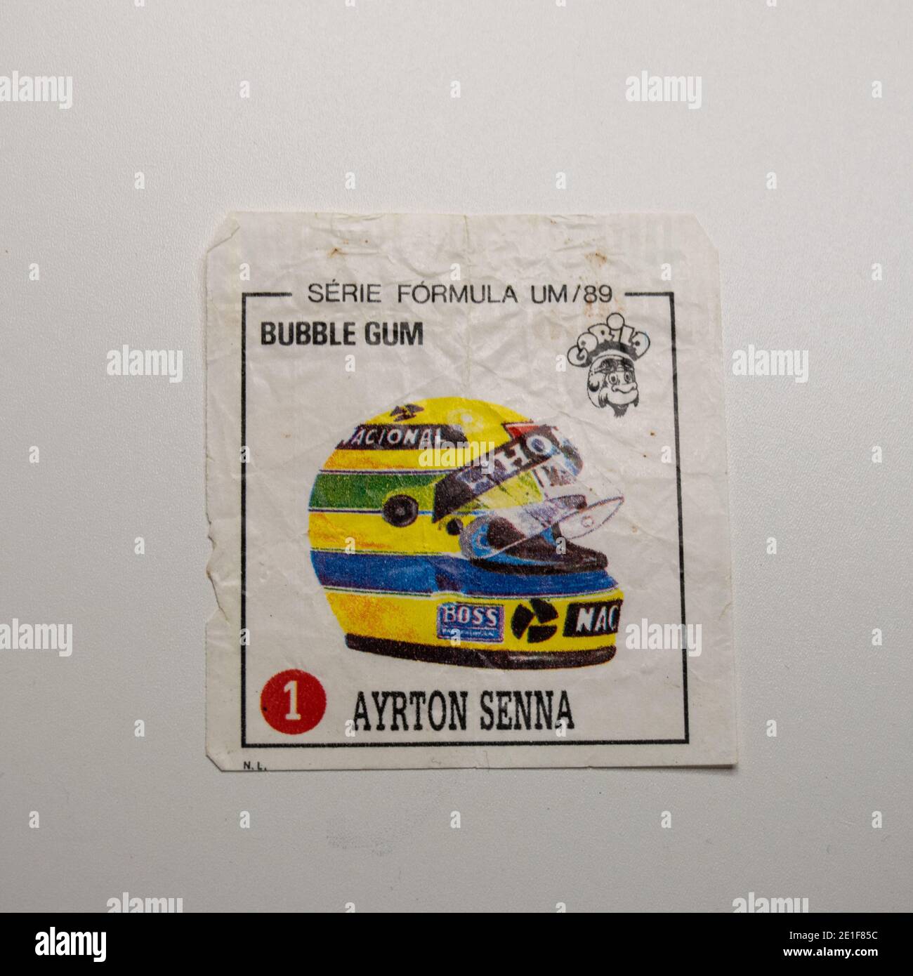 Ayrton Senna 89 collectable prints from Portuguese bubble Gum from gorilla brand Stock Photo