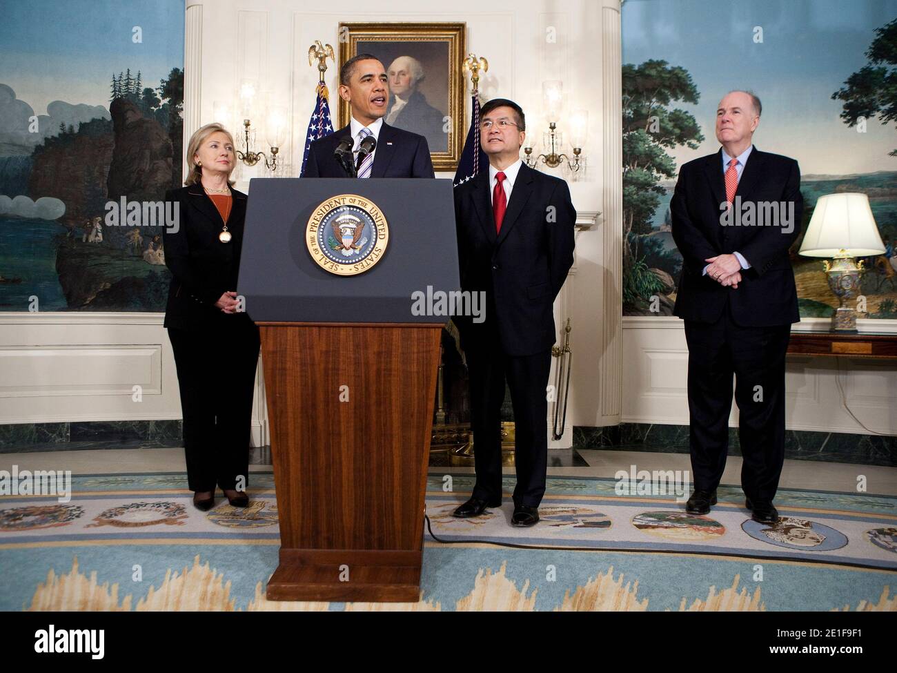 U.S. President Barack Obama, announces the nomination of Gary Locke, secretary of commerce, to be the next U.S. ambassador to China, at the White House in Washington, D.C., U.S., on March 9, 2011. Listening are Hillary Clinton, U.S. secretary of state, left, and Tim Donilon, national security advisor, right. Photo by Joshua Roberts/Bloomberg News/ABACAUSA.COM Stock Photo