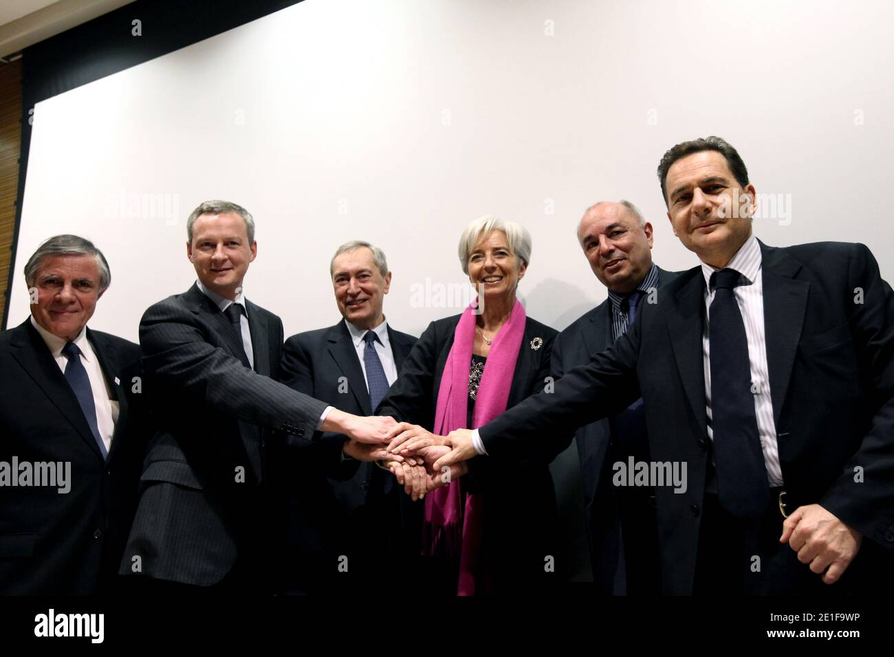 French Economy Minister Christine Lagarde, French Minister for Industry,  Energy and the Digital Economy Eric Besson, French minister for  agriculture, Bruno Le Maire, Chairman and CEO of Groupe La Poste Jean-Paul  Bailly,