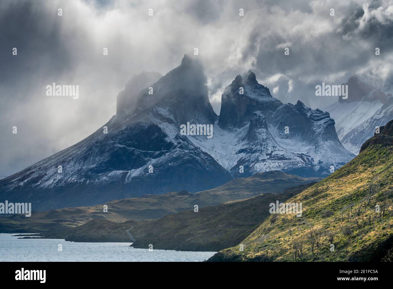 Los Cuernos mountains in dramatic weather, Torres del Paine National Park, Magallanes Region, Chile Stock Photo