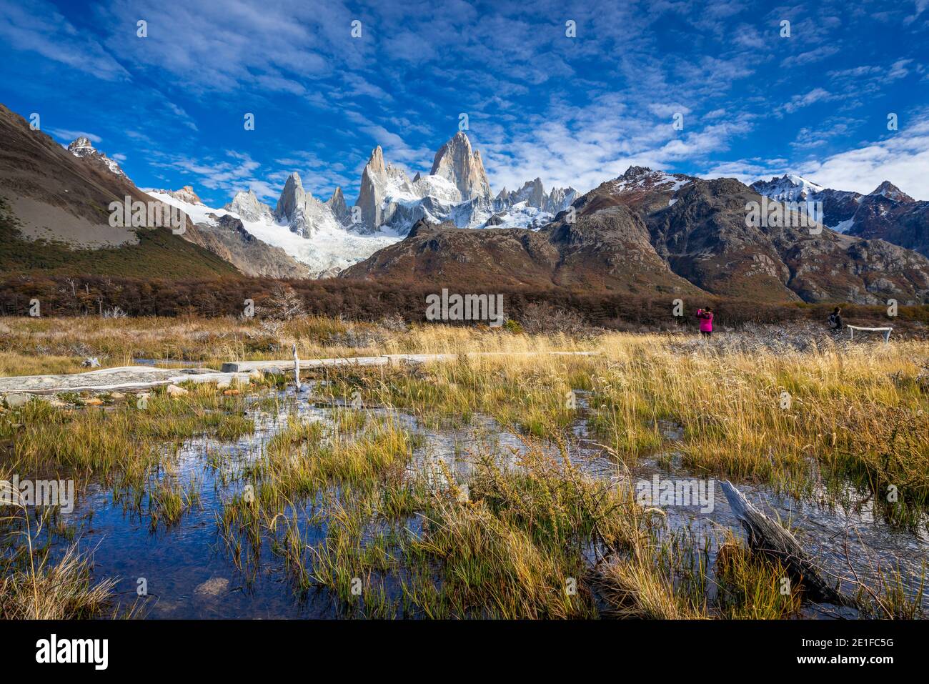 Tourist photographing Fitz Roy mountain, El Chalten, Los Glaciares National Park, Patagonia, Argentina Stock Photo
