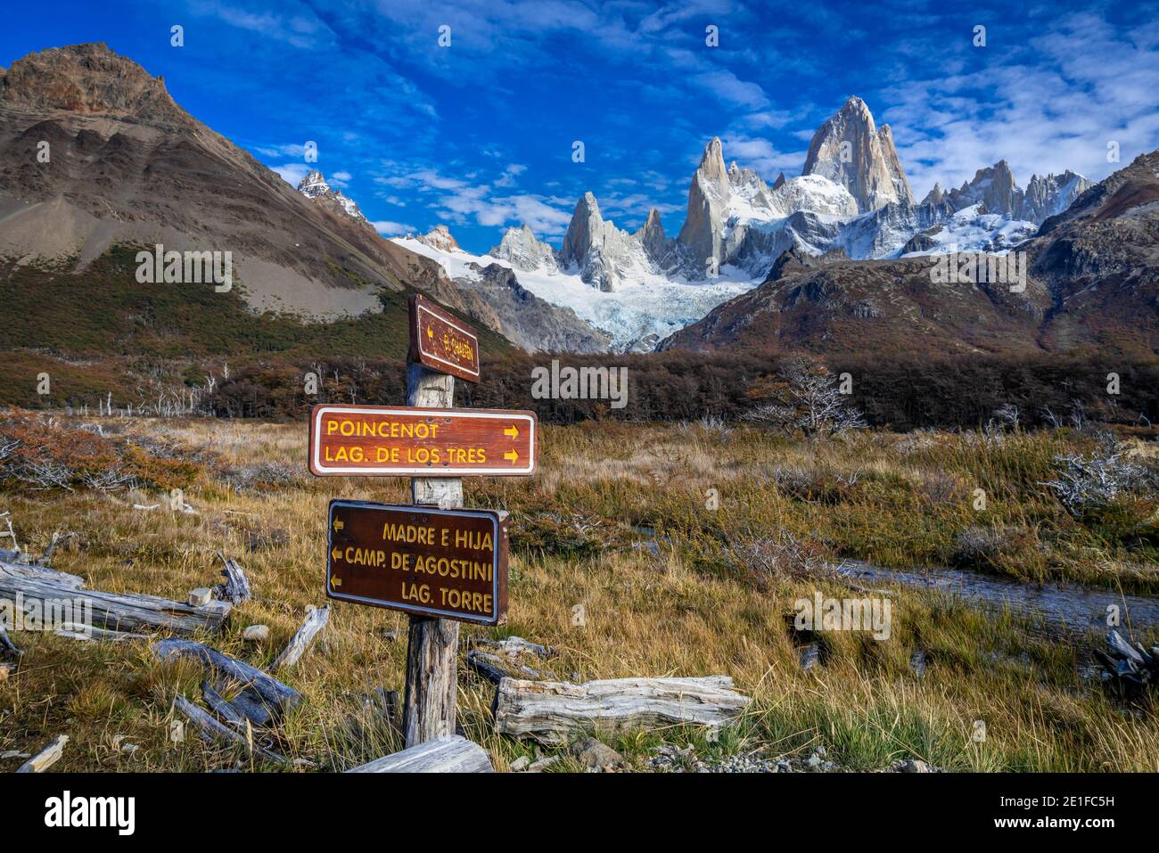 Trail direction signs against iconic Fitz Roy mountain, Sendero al Fitz Roy, UNESCO, Los Glaciares National Park, El Chalten, Santa Cruz Province, Argentina Stock Photo