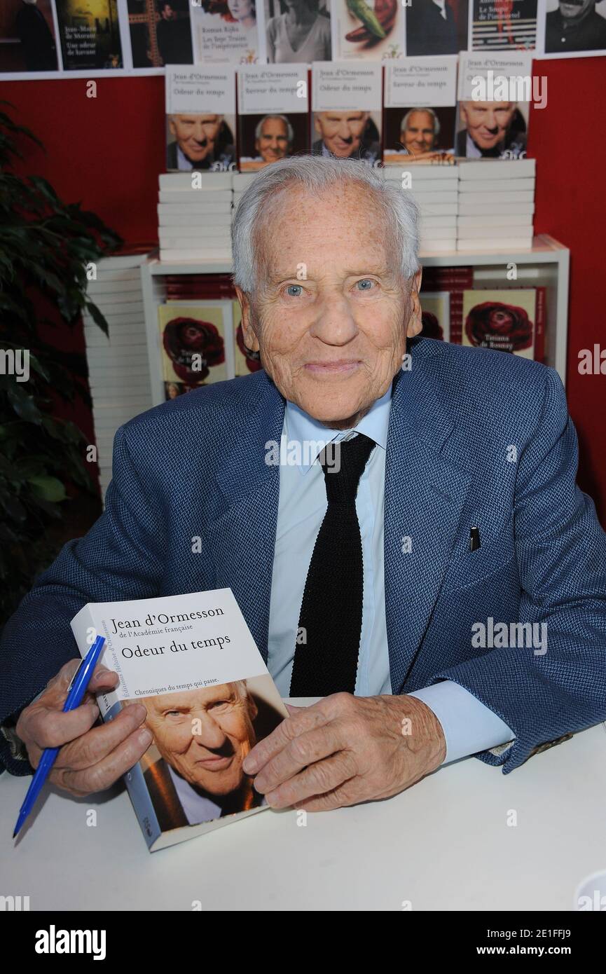 File Photo : Jean d'Ormesson signing copies of his book during the Paris  Book Fair 'Le Salon Du Livre' held at the Parc des Expositions, Porte de  Versailles in Paris, France on
