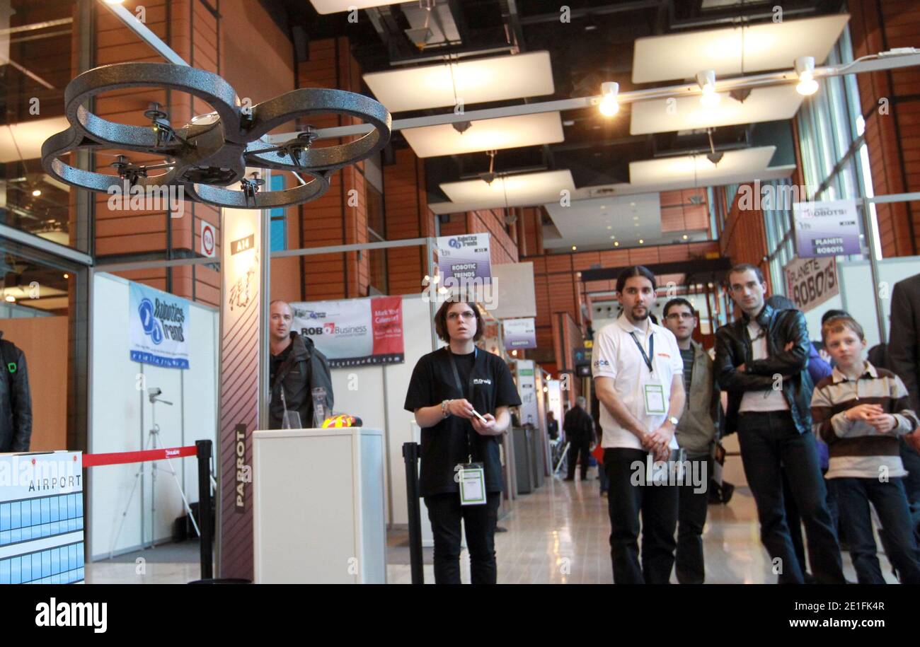 The Parrot AR Drone is presented at InnoRobo (Innovation Robotic) European Summit in Lyon France on March 23, 2011. Photos by Vincent Dargent/ABACAPRESS.COM Stock Photo