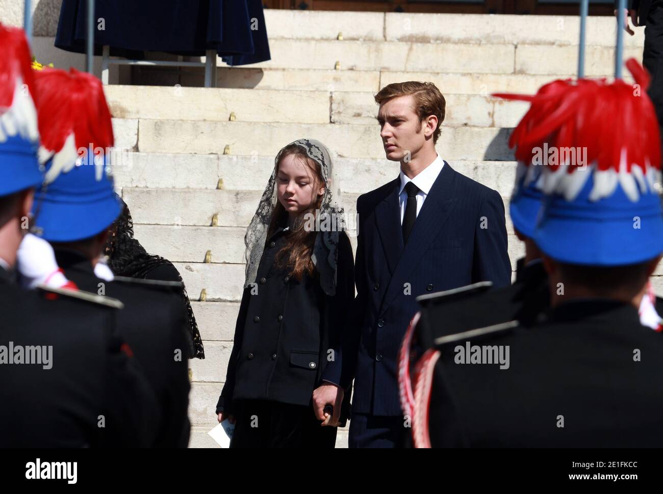 Pierre Casiraghi and Princess Alexandra of Hanover after the funeral ceremony of Princess Antoinette of Monaco, at Notre-Dame-Immaculee cathedral in Monaco, Principality of Monaco on March 24, 2011. Photo by Franz Chavaroche/Pool/ABACAPRESS.COM Stock Photo