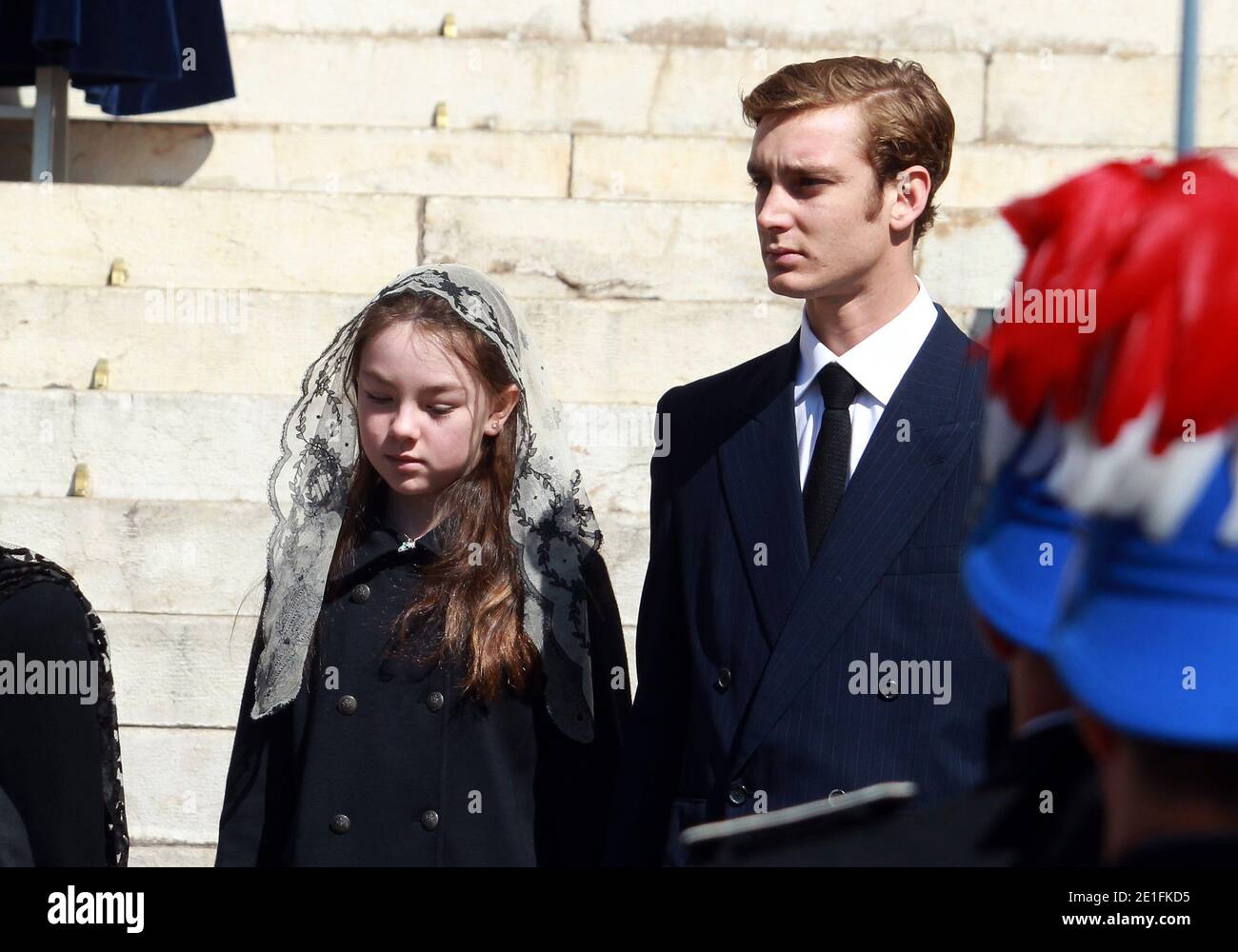 Pierre Casiraghi and Princess Alexandra of Hanover after the funeral ceremony of Princess Antoinette of Monaco, at Notre-Dame-Immaculee cathedral in Monaco, Principality of Monaco on March 24, 2011. Photo by Franz Chavaroche/Pool/ABACAPRESS.COM Stock Photo