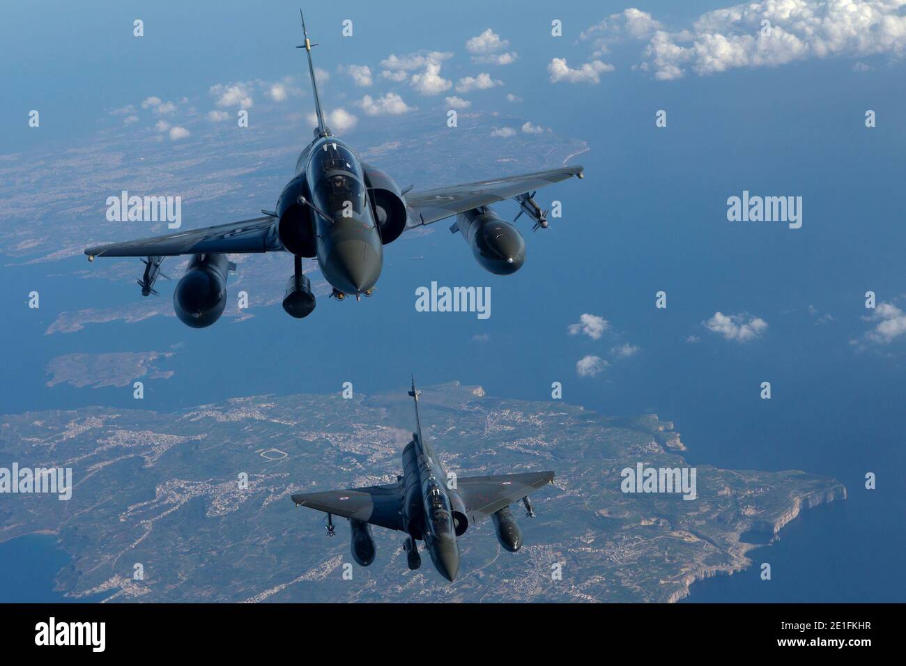 French Mirage 2000 jets fighters of the French army of Istres military base in France pictured during provisioning operation on March 23, 2011 on Harmattan mission to overfly Libya following UN Security Council resolution. Photo by ECPAD/ABACAPRESS.COM Stock Photo