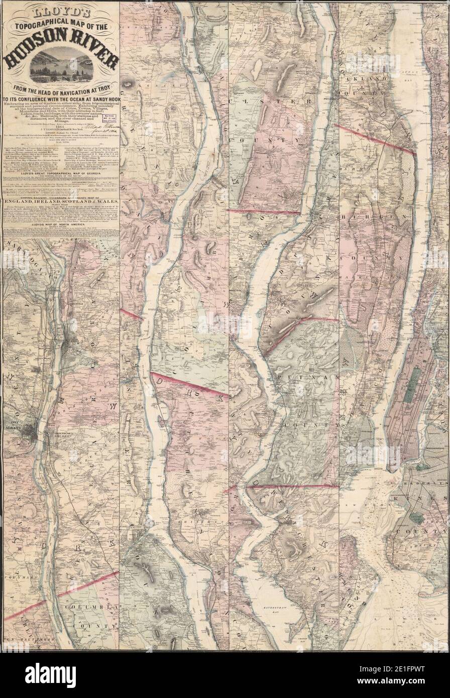 Lloyd's topographical map of the Hudson River - from the head of navigation at Troy to its confluence with the ocean at Sandy Hook - embracing an area of 4 miles on either side ... and the river Stock Photo