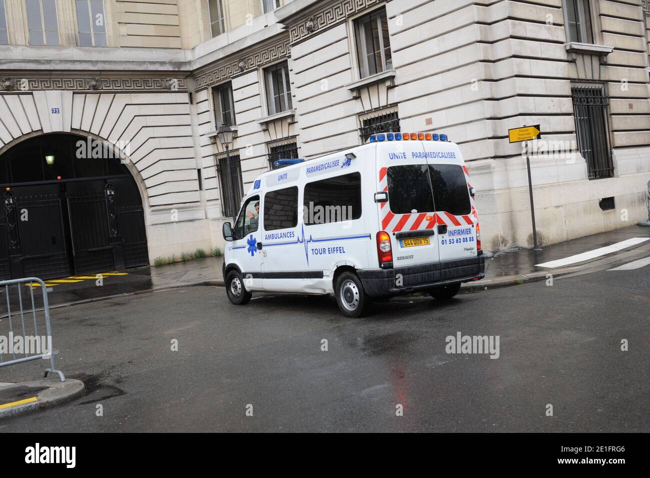 View of ambulance where German cardiologist Dieter Krombach will leave the Palais de Justice after the first day of his trial for the murder of Kalinka Bamberski, in Paris, France on March 29, 2011. The German doctor is accused of having raped and killed his then 14-year-old stepdaughter, Kalinka Bamberski, in the summer of 1982 while she was holidaying with her mother at Krombach's home at Lake Constance, southern Germany. A court in Germany ruled that Krombach could not be held responsible for the death, but in 1995 a court in Paris found the doctor guilty of manslaughter and sentenced him i Stock Photo