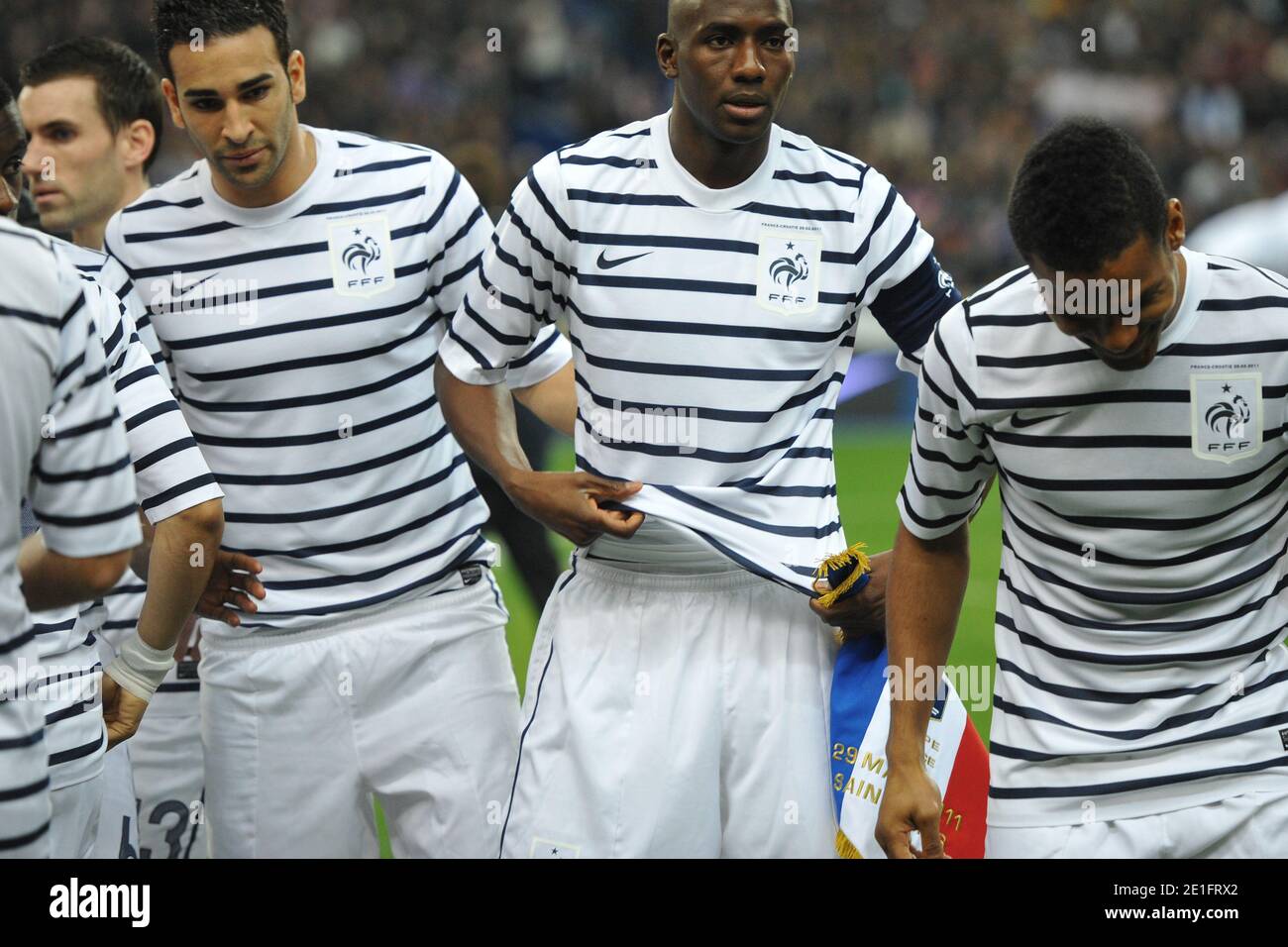 France's National Players Adil Rami, Alou Diarra and Florent Malouda during  a International Friendly soccer match, France vs Croatia at Stade de France  in Saint-Denis near Paris, France on March 29, 2011.