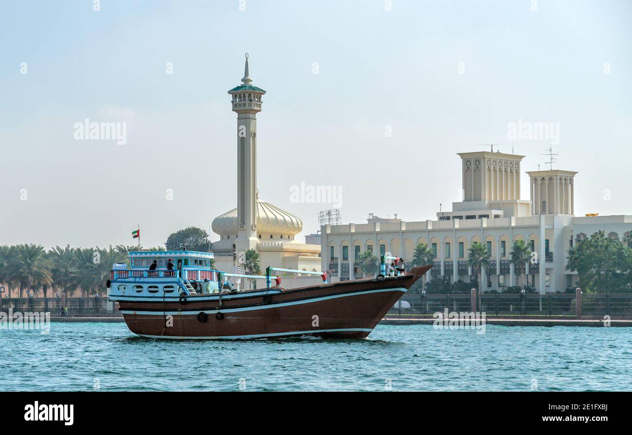 Dubai, UAE JAN 23, 2016 Traditional wooden small cargo ships Dhows