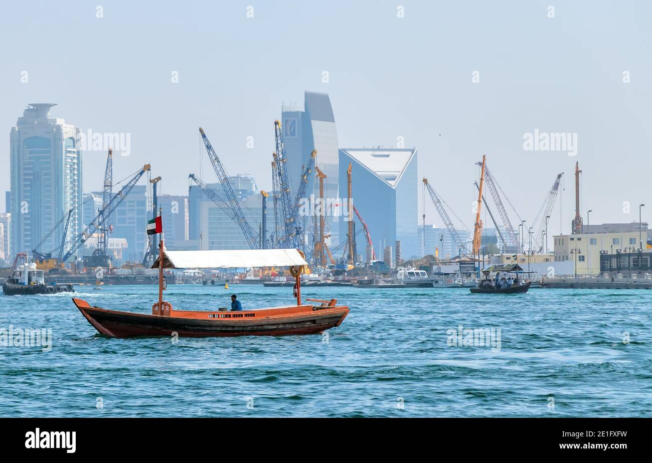 Dubai, UAE - JAN 23, 2016: Abra Ride in the Dubai Water Canal Stock Photo