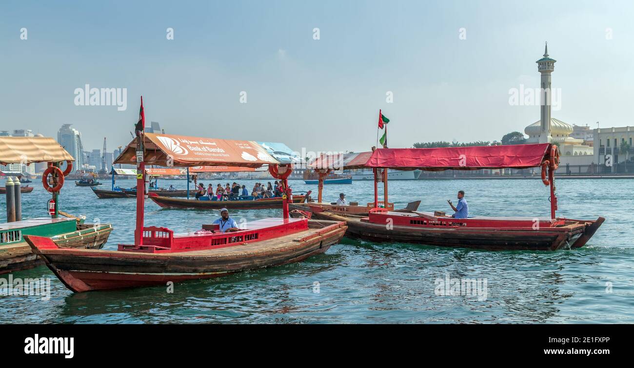 Dubai, UAE - JAN 23, 2016: Abra water taxi Ride in the Dubai Water Canal. RTA Abra water taxi station in Deira Stock Photo