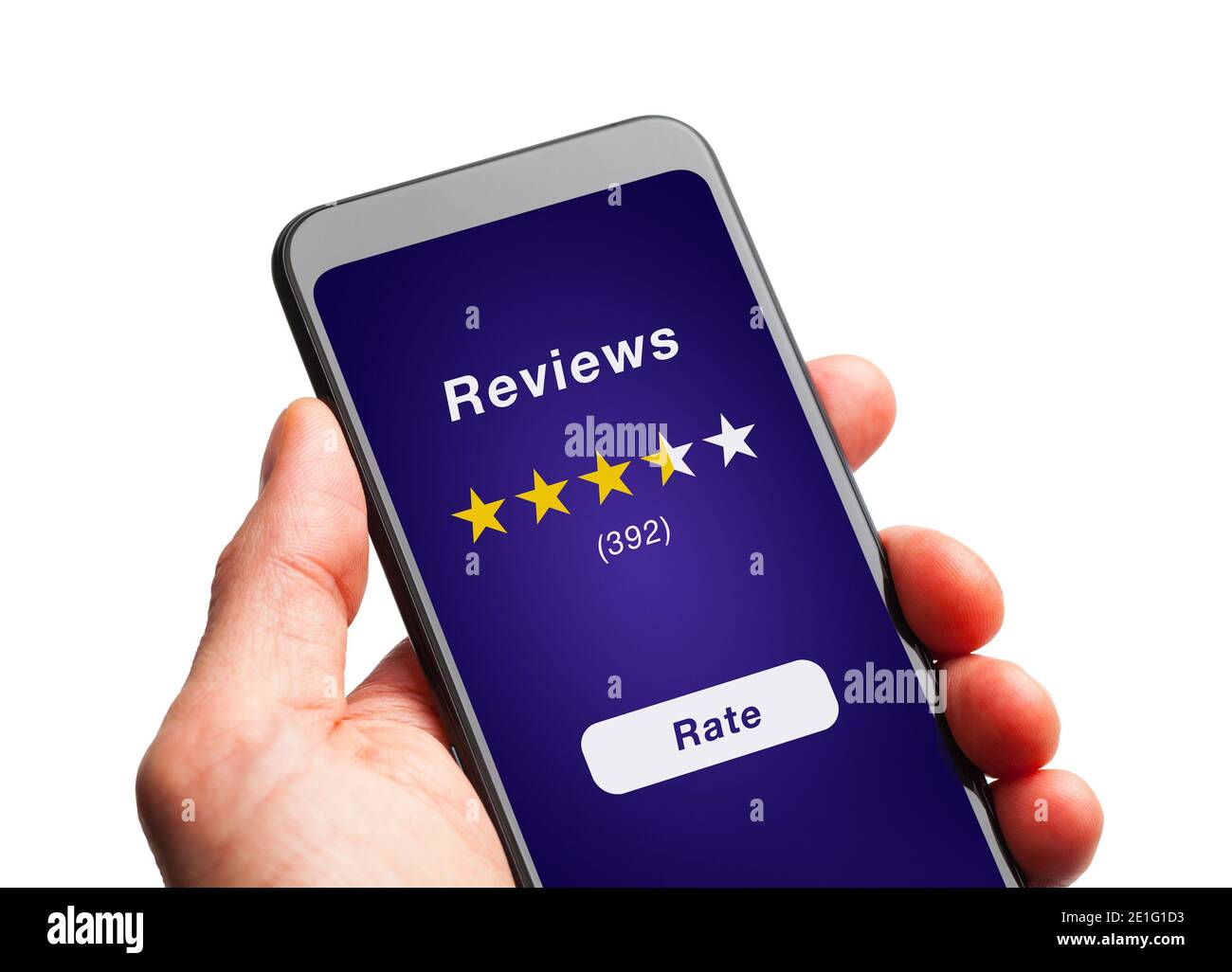 Hand Holding Smart Phone with Online Customer Reviews. Stock Photo