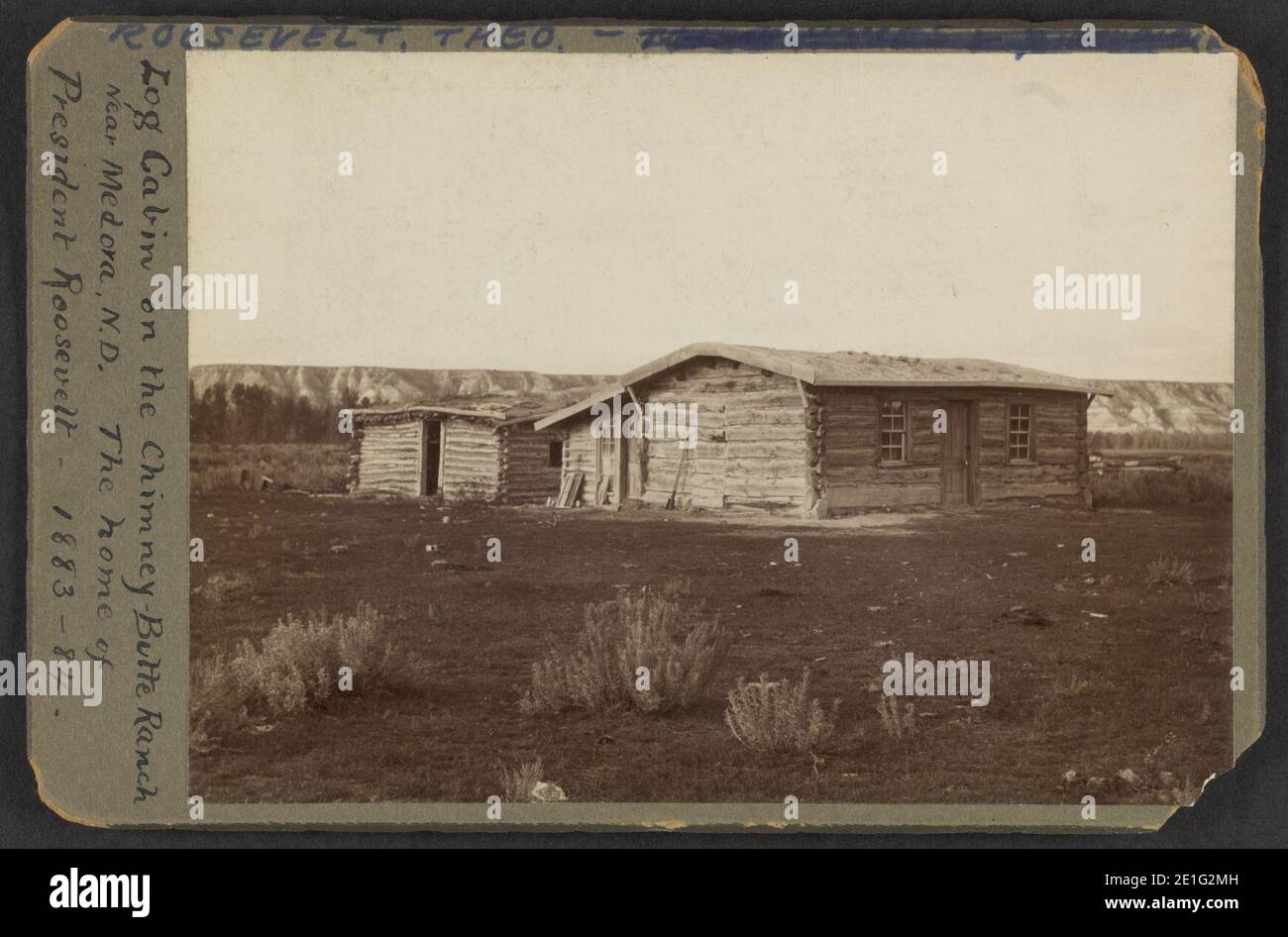 Log cabin on the Chimney-Butte Ranch near Medora, N.D., the home of ...