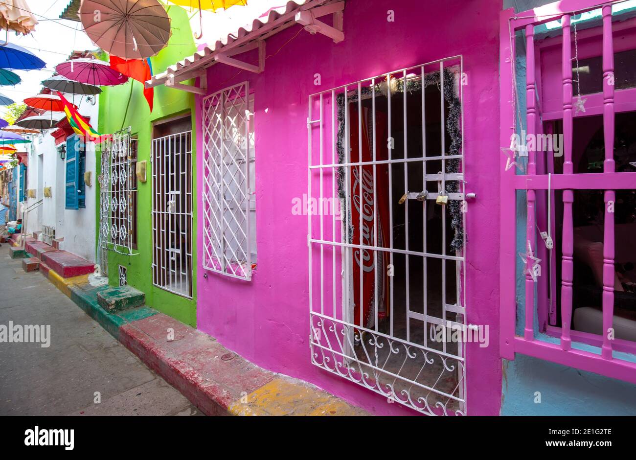 Colombia, Scenic colorful streets of Cartagena in historic Getsemani district near Walled City, Ciudad Amurallada. Stock Photo