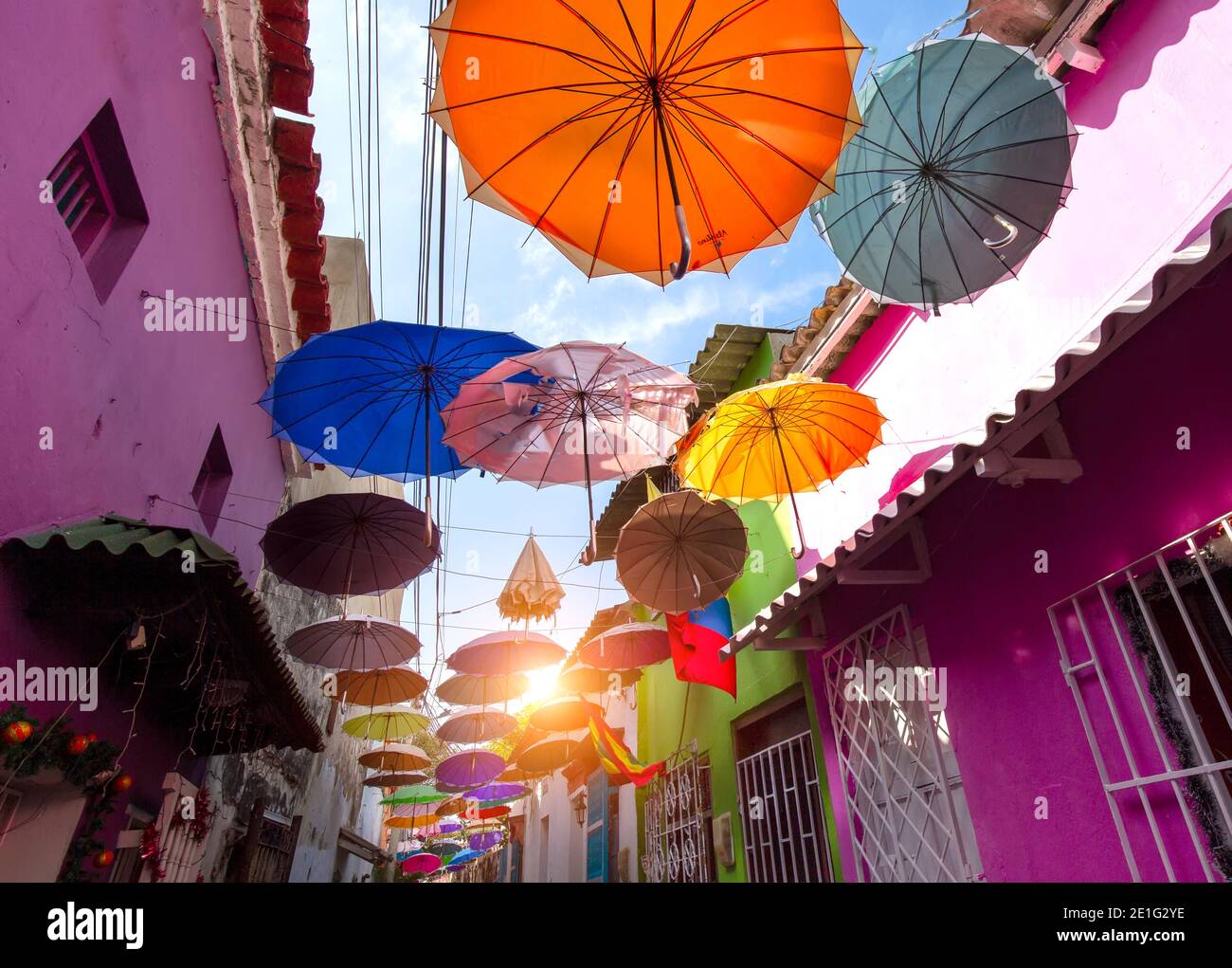 Colombia, Scenic colorful streets of Cartagena in historic Getsemani district near Walled City, Ciudad Amurallada. Stock Photo