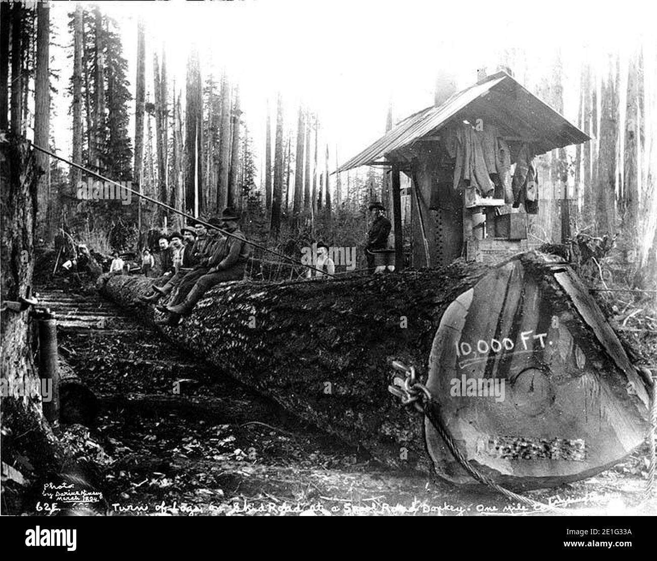 Logging crew and vertical spool donkey engine, Washington, March 1894 Stock Photo