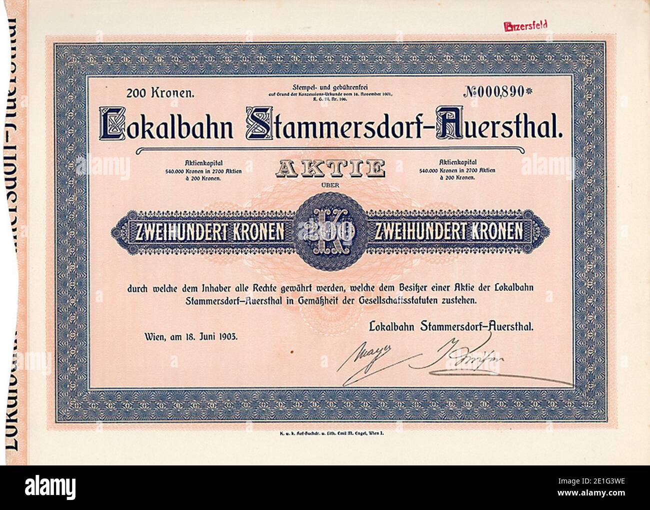 Lokalbahn Stammersdorf-Auersthal 200 Kr 1903. Stock Photo