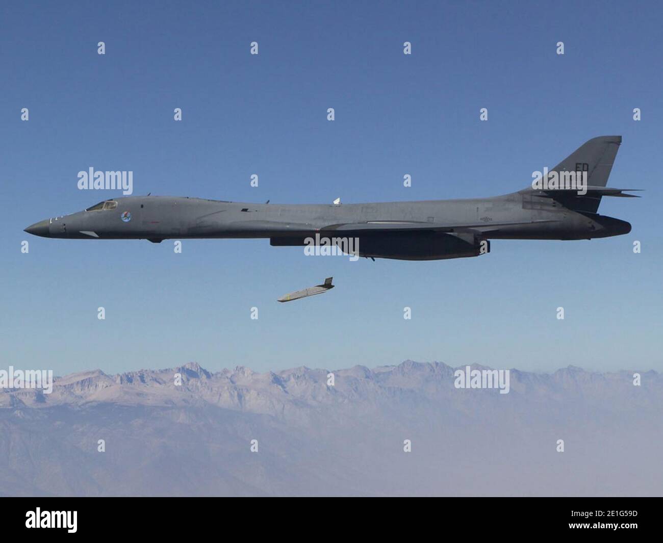 Long Range Anti-Ship Missile (LRASM) launches from an Air Force B-1B Lancer. Stock Photo