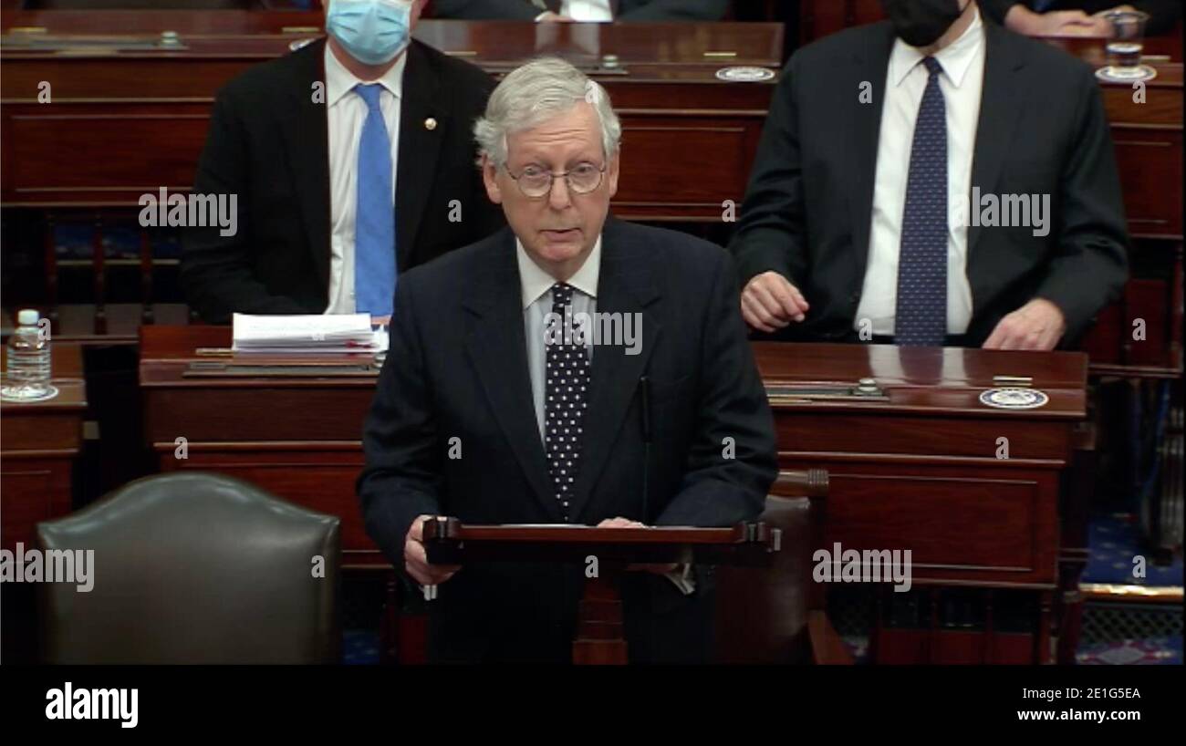 Washington DC, USA. 6th Jan 2021. In this image from United States Senate television, United States Senate Majority Leader Mitch McConnell (Republican of Kentucky) makes remarks as the US Senate reconvenes to resume debate on the Electoral Vote count following the violence in the US Capitol in Washington, DC on Wednesday, January 6, 2021.Mandatory Credit: US Senate Television via CNP | usage worldwide Credit: dpa picture alliance/Alamy Live News Stock Photo