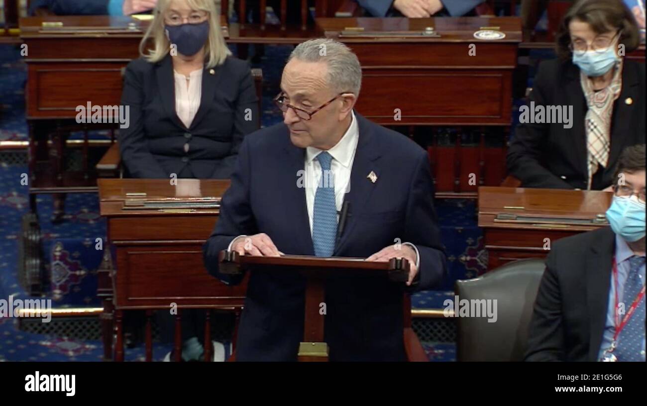 Washington DC, USA. 6th Jan 2021. In this image from United States Senate television, US Senate Minority Leader Chuck Schumer (Democrat of New York) makes remarks as the US Senate reconvenes to resume debate on the Electoral Vote count following the violence in the US Capitol in Washington, DC on Wednesday, January 6, 2021.Mandatory Credit: US Senate Television via CNP | usage worldwide Credit: dpa picture alliance/Alamy Live News Stock Photo