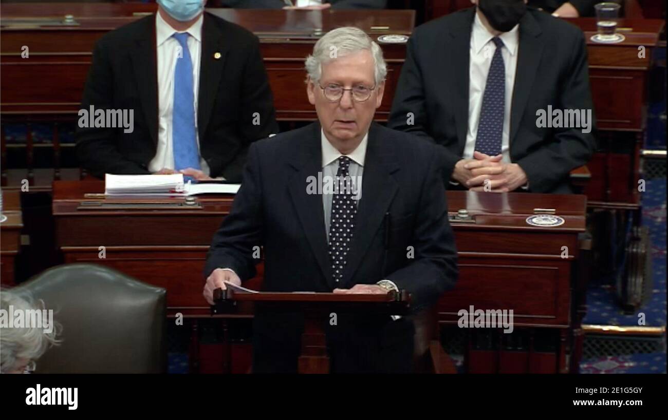 Washington DC, USA. 6th Jan 2021. In this image from United States Senate television, United States Senate Majority Leader Mitch McConnell (Republican of Kentucky) makes remarks as the US Senate reconvenes to resume debate on the Electoral Vote count following the violence in the US Capitol in Washington, DC on Wednesday, January 6, 2021.Mandatory Credit: US Senate Television via CNP | usage worldwide Credit: dpa picture alliance/Alamy Live News Stock Photo