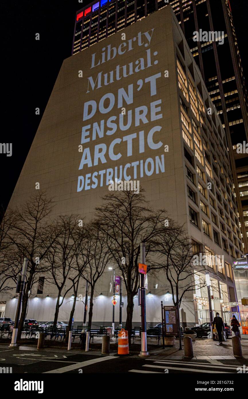 USA. 06th Jan, 2021. Activists with Rainforest Action Network and The Illuminator projected 30ft tall images on the side of a building in the New York financial district on January 6, 2021 with messages opposing the sale of land for oil extraction in the Arctic National Wildlife Refuge. (Photo by Erik McGregor/Sipa USA) Credit: Sipa USA/Alamy Live News Stock Photo