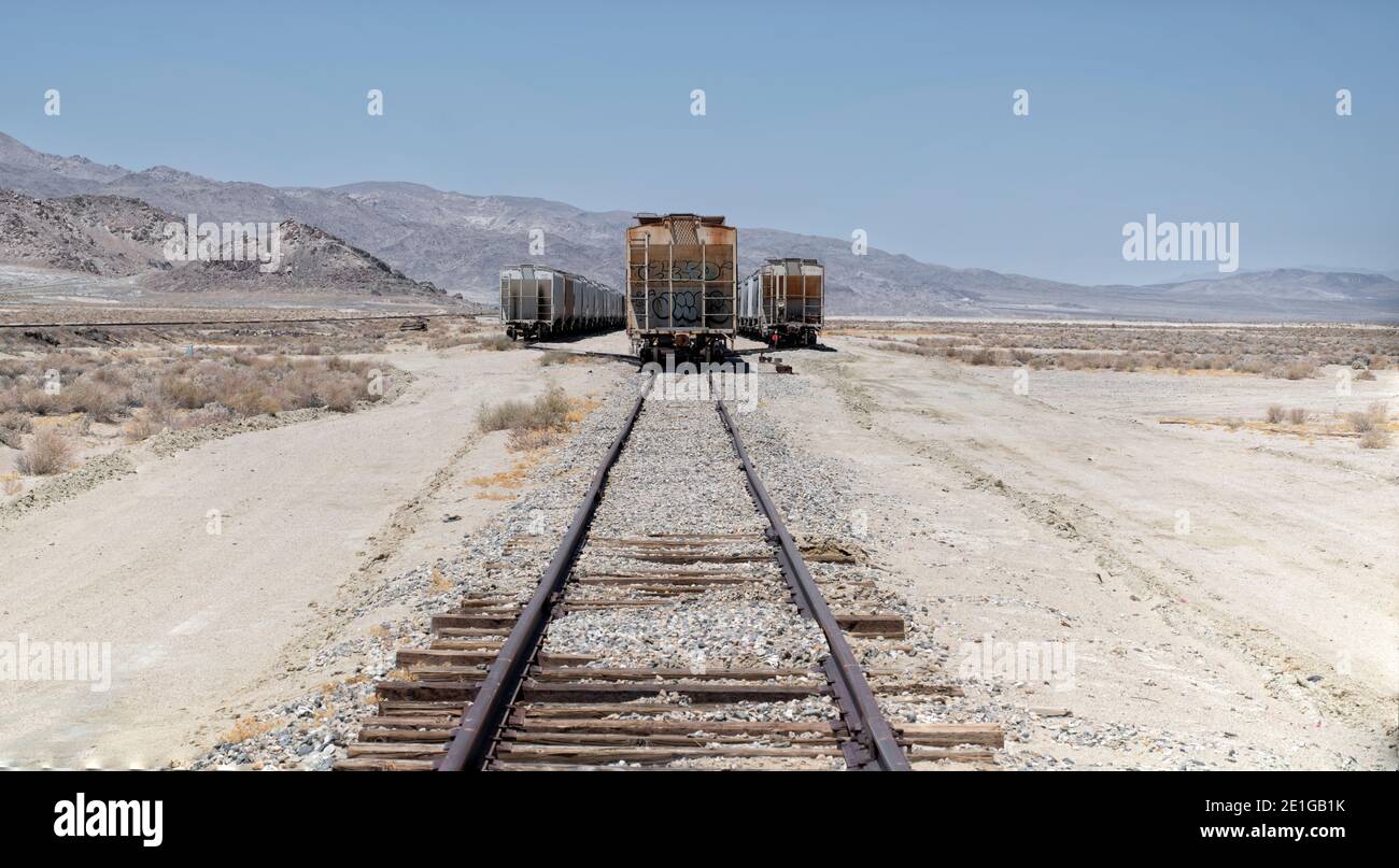Deserted rail cars, Trona Pinnacles, California, USA. Stock Photo