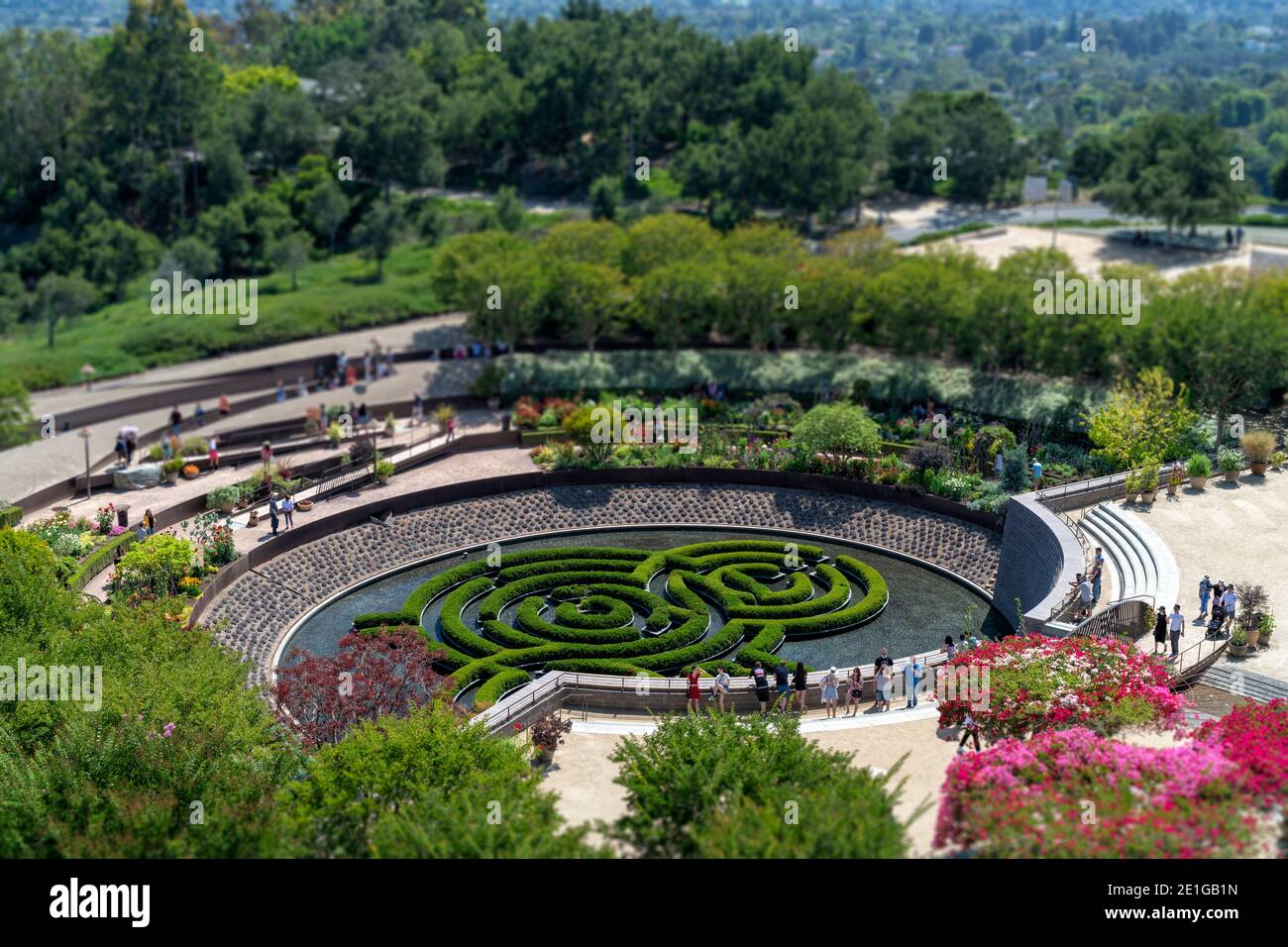 Getty's central garden feature and waterfall, Los Angeles, California, USA. Stock Photo