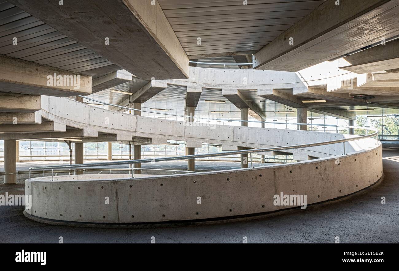 Concrete interior of the Parking Garage Campus Solna, Karolinska Institute, Stockholm, Sweden. Stock Photo