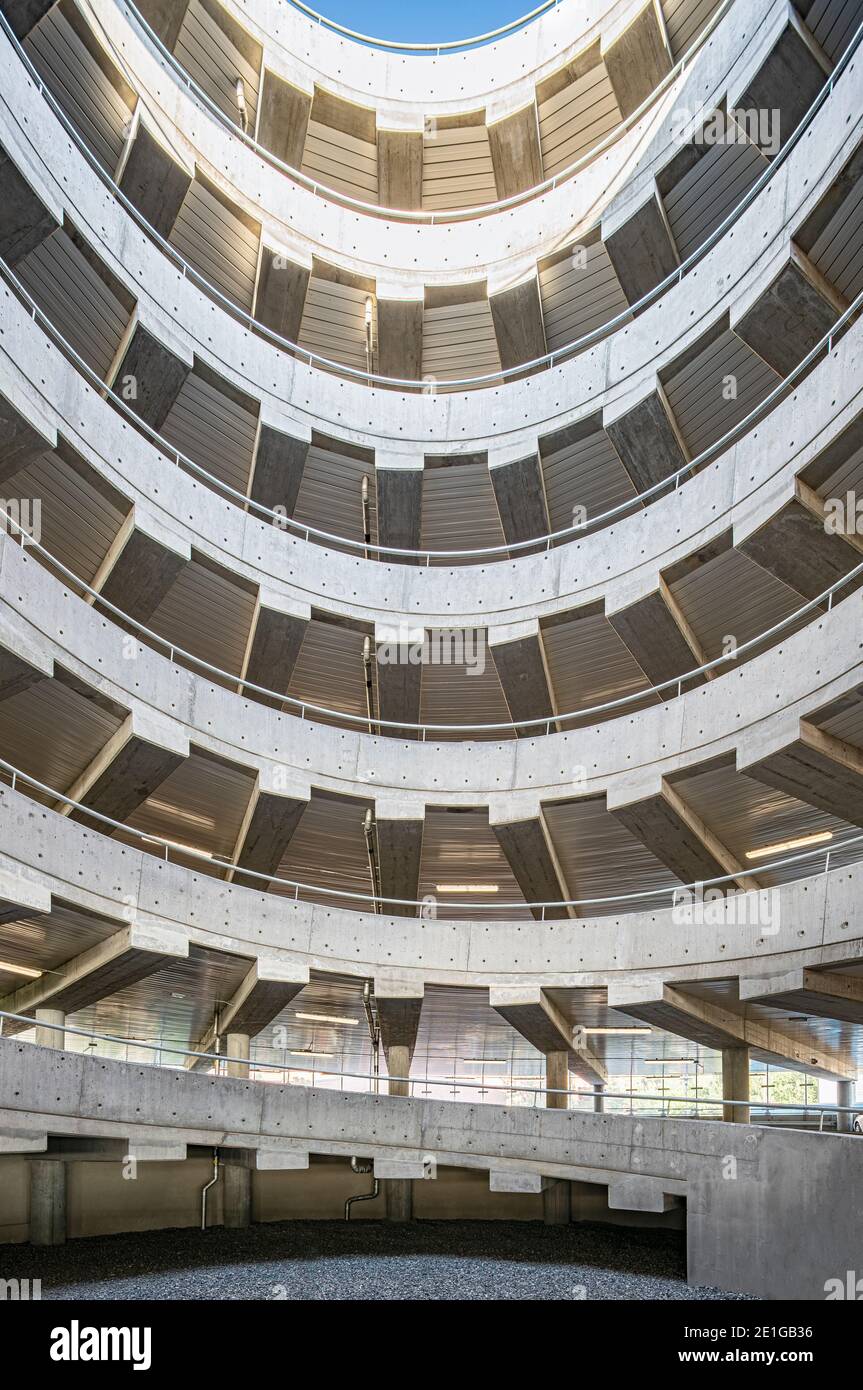 Concrete interior of the Parking Garage Campus Solna, Karolinska Institute, Stockholm, Sweden. Stock Photo