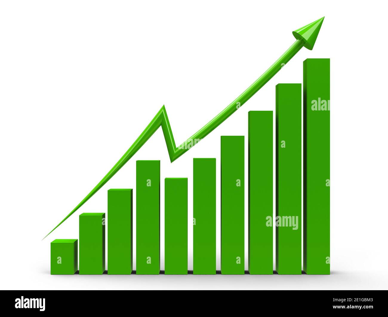 Green business graph with green arrow up, three-dimensional rendering ...