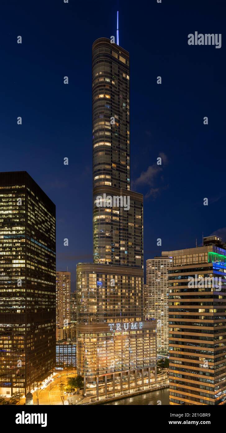 Exterior nighttime view of Trump International Hotel and Tower, and the IBM Building by Mies van der Rohe on the left, Chicago, Illinois, USA. Stock Photo