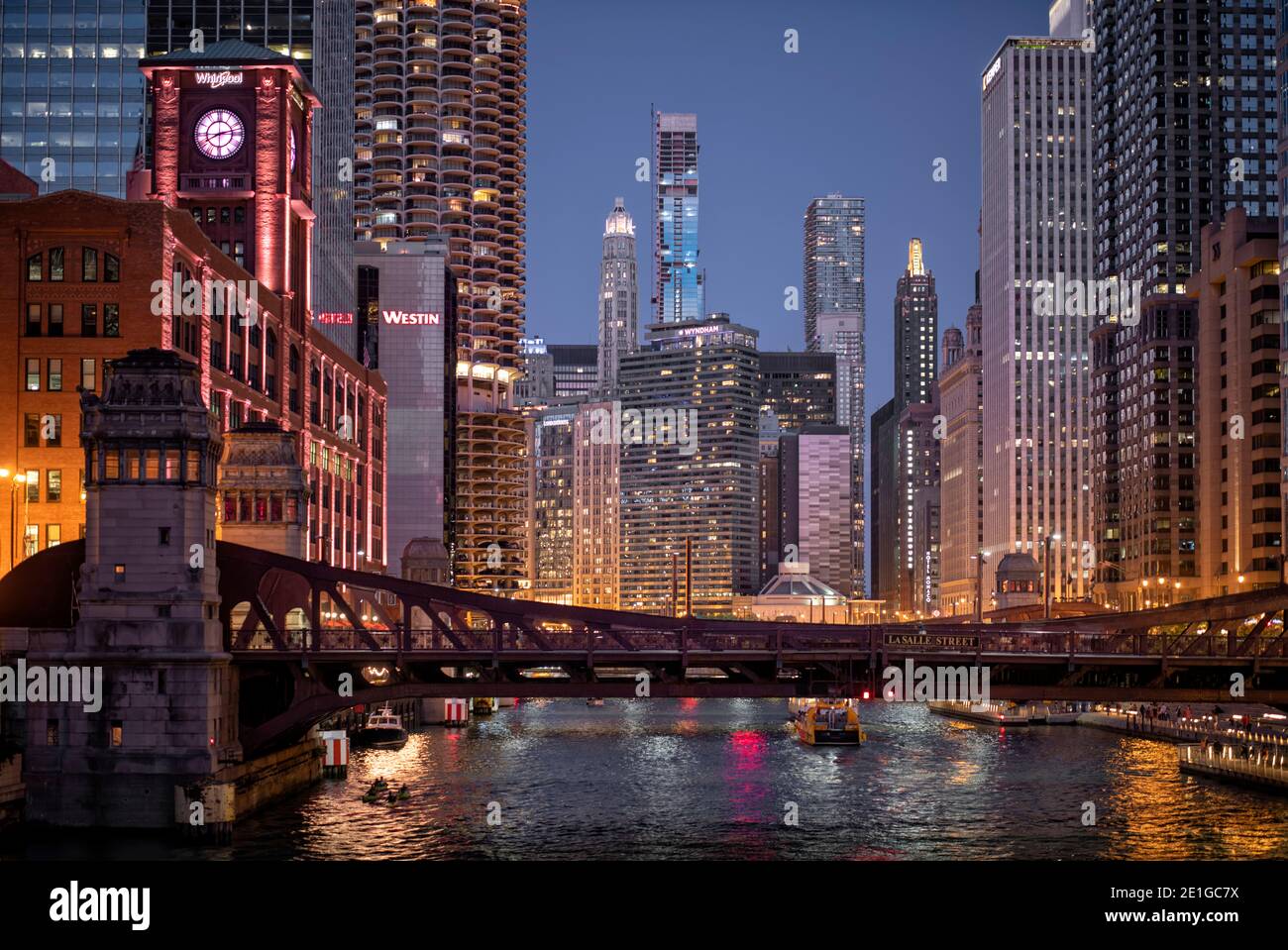 Riverwalk at night, Chicago, Illinois, USA. Stock Photo