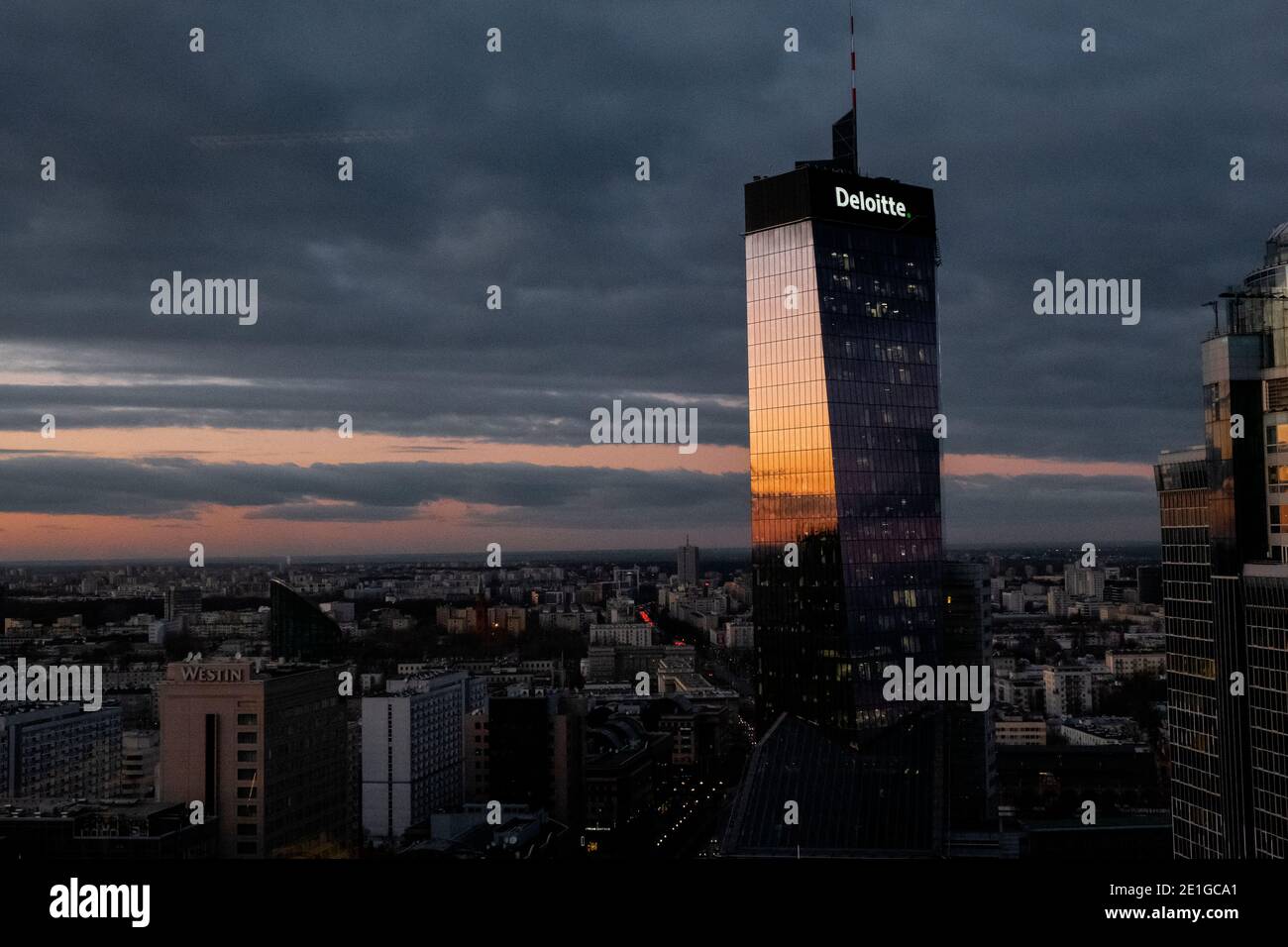 Exterior view of the Q22 building in Warsaw, Poland at sunset. Stock Photo