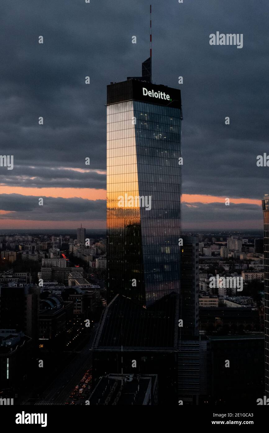 Exterior view of the Q22 building in Warsaw, Poland at sunset. Stock Photo