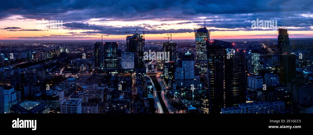 Cityscape of Warsaw, Poland at sunset. Stock Photo