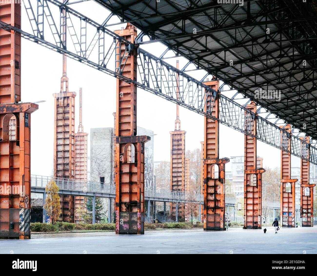 Parco Dora, Turin, Italy, with the huge structure of hall of the former Vitali steel mills 30-metre high red steel columns. Stock Photo