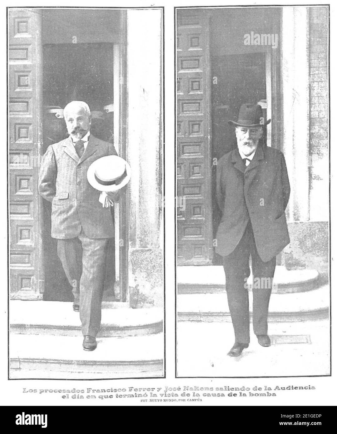 Los procesados Francisco Ferrer y José Nakens saliendo de la Audiencia el día en que terminó la vista de la causa de la bomba, Nuevo Mundo, 27-06-1907. Stock Photo