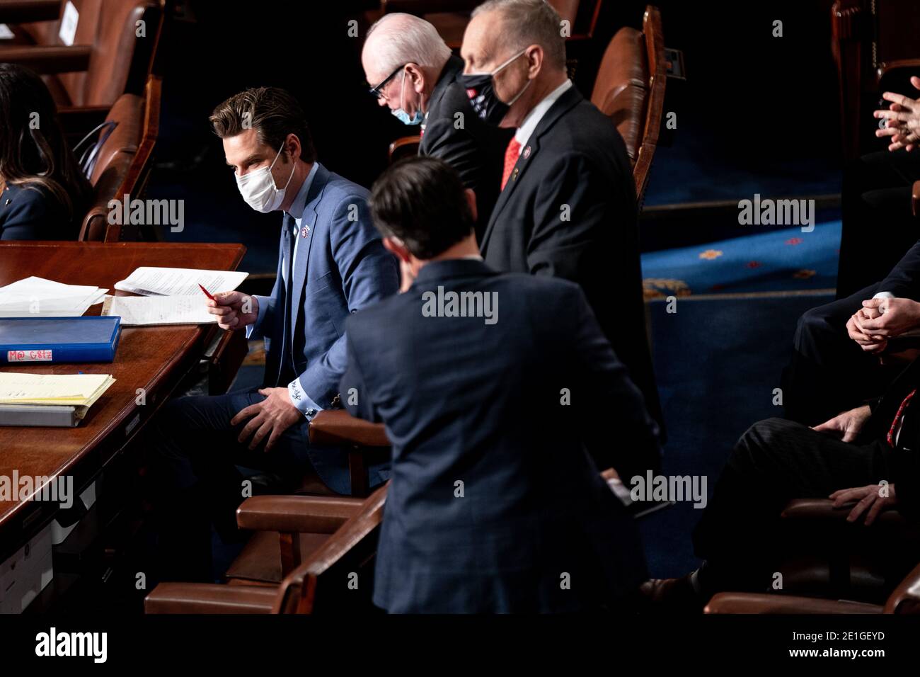 Washington, United States Of America. 06th Jan, 2021. House Republicans confer during a Joint session of Congress to certify the 2020 Electoral College results on Capitol Hill in Washington, DC on January 6, 2020. Credit: Erin Schaff/Pool via CNP | usage worldwide Credit: dpa/Alamy Live News Stock Photo