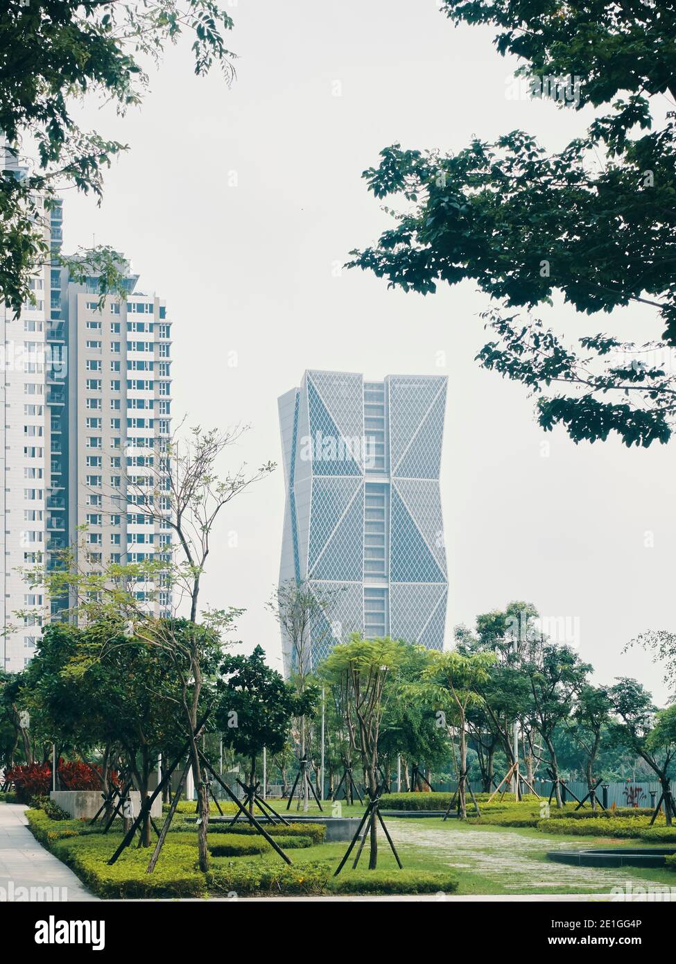 Exterior view of the China Steel Corporation Headquarters, a skyscraper with diamond-shaped double skin curtain wall in Kaohsiung, Taiwan. Stock Photo