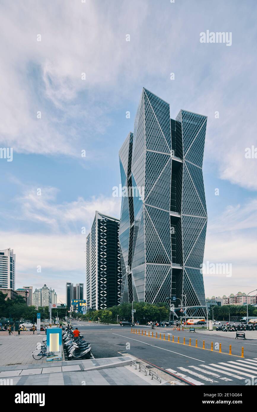 Exterior view of the China Steel Corporation Headquarters, a skyscraper with diamond-shaped double skin curtain wall in Kaohsiung, Taiwan. Stock Photo