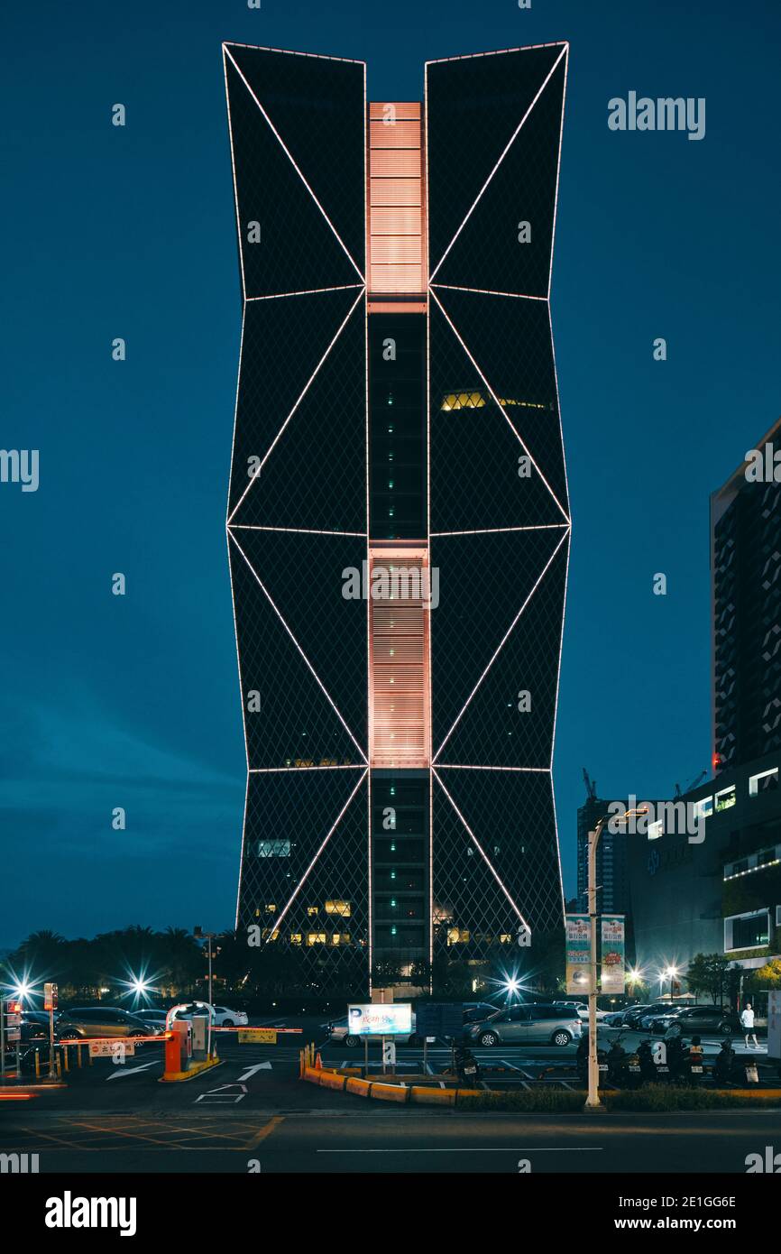Exterior view of the China Steel Corporation Headquarters, a skyscraper with diamond-shaped double skin curtain wall in Kaohsiung, Taiwan, night view. Stock Photo