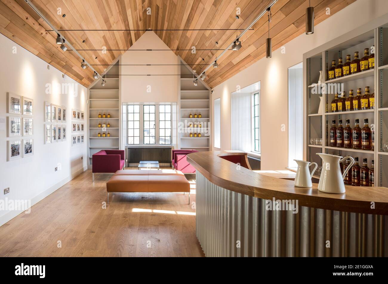Interior view of tasting room at The Borders Distillery, Hawick, Scotland, UK. Winner of Architects Journal Retrofit Award 2018 and Civic Trust Award 2019 Stock Photo